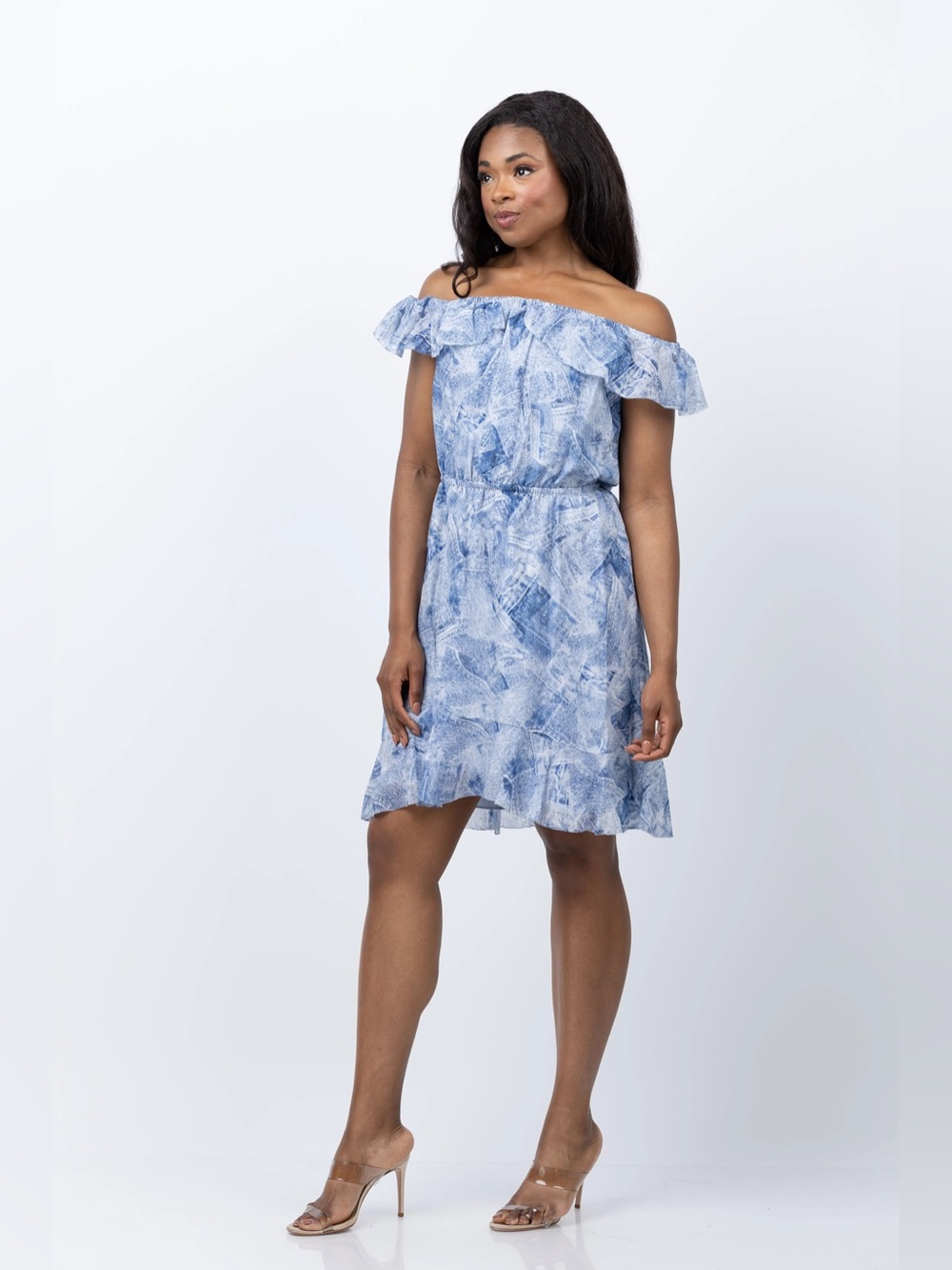 L'Agence 100% Silk Blue Abstract Print Ruffle Dress Elastic Waist‎ Approx L